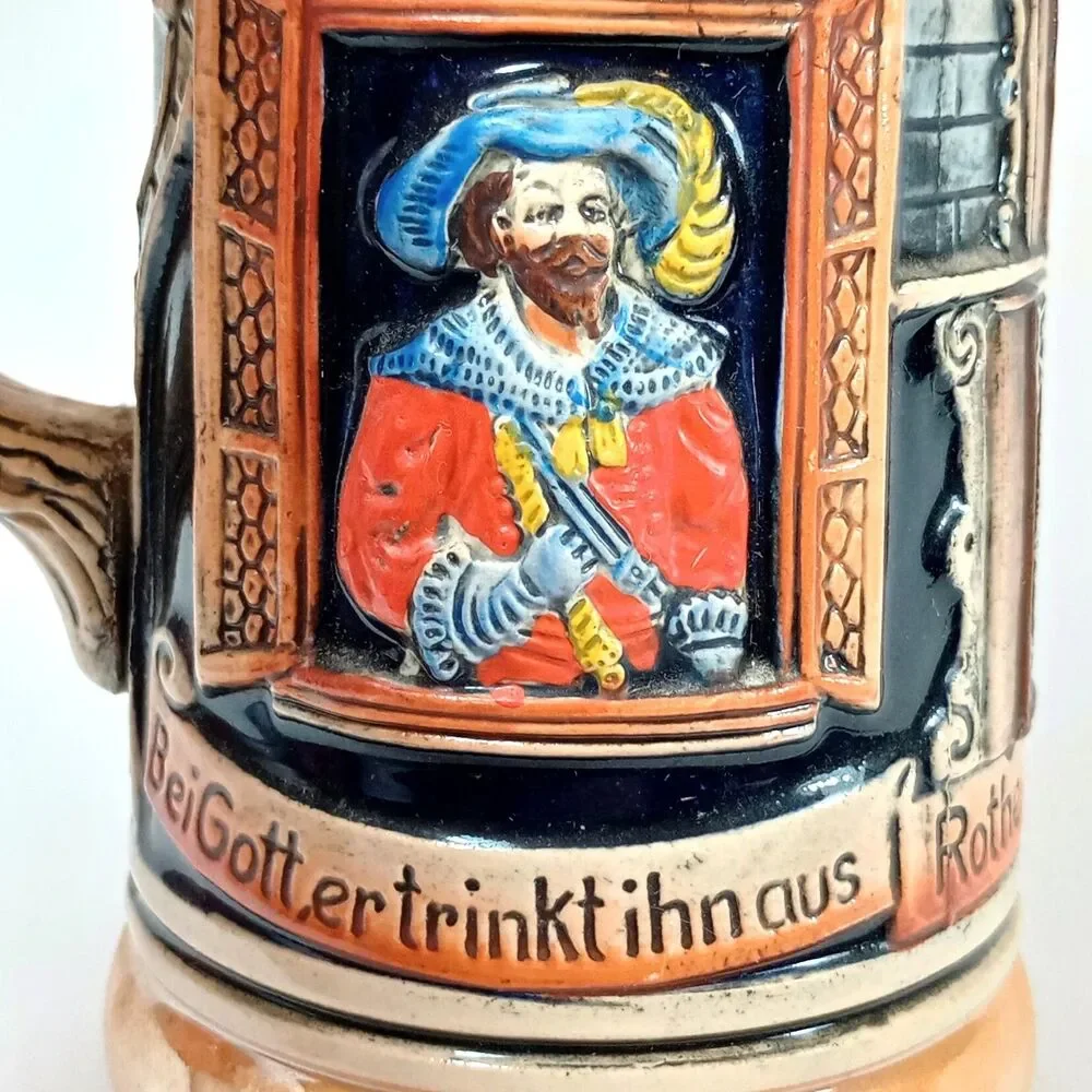 VTG Corzelius German Stoneware Beer Stein Pewter Lid Meistertrunk Rothenburg .5L